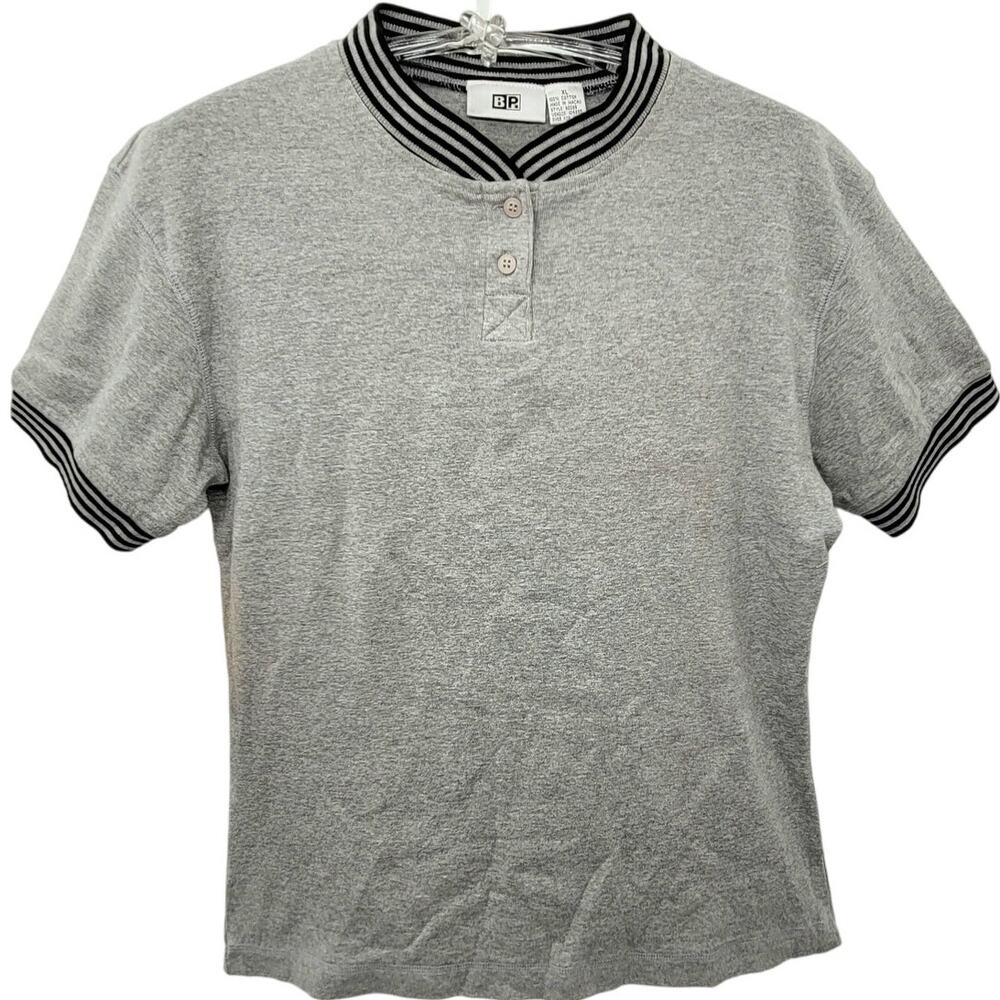 BP Vintage 80s Heather Gray Black‎ Striped Trim Knit Henley T-Shirt New Top